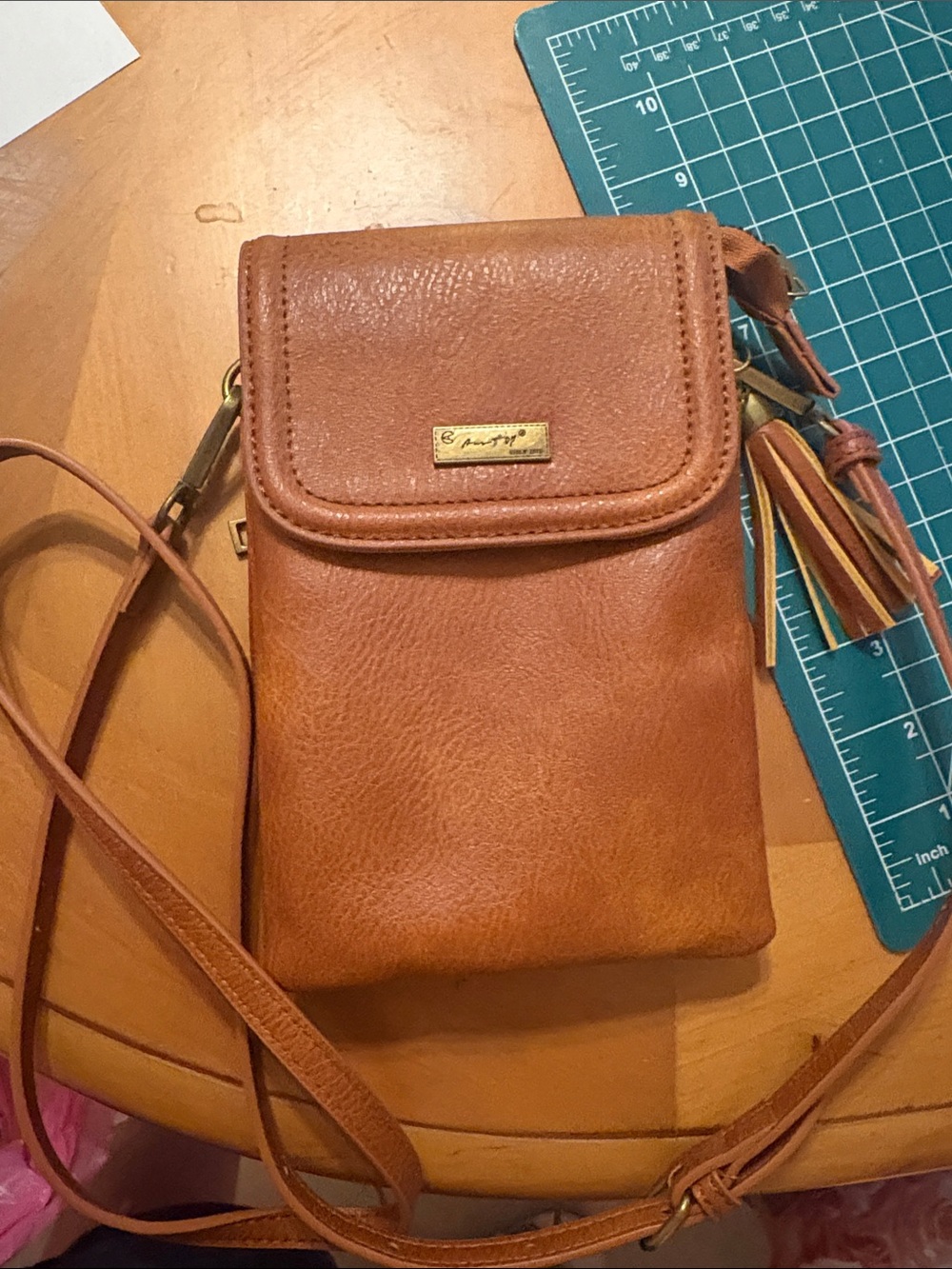 Tan Leather Crossbody Phone Bag with Tassel